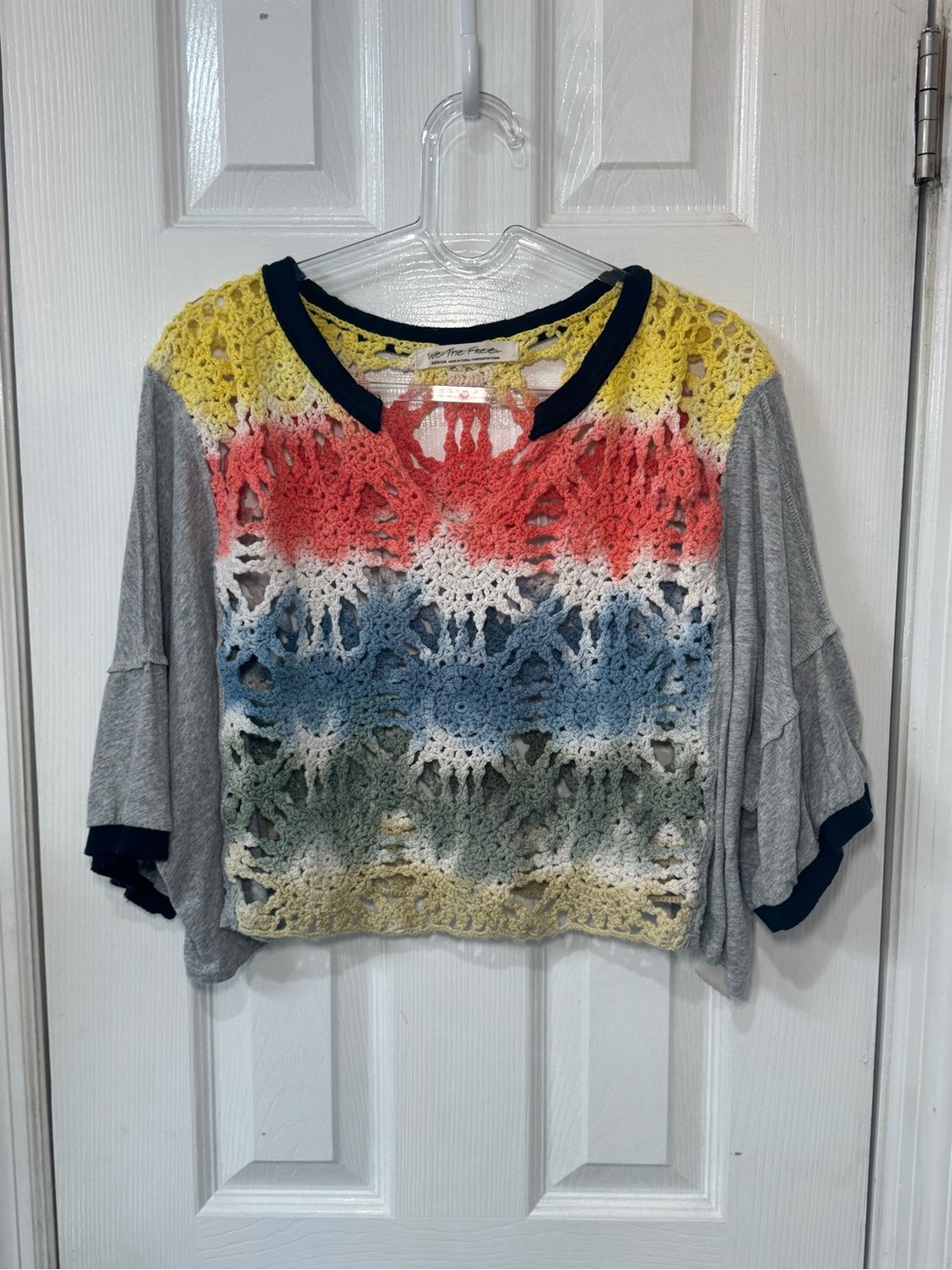 🧶👘🧵 Free People Joshua Tee Crotchet Multicolor Crop Top Open Weave Knit🧵👘🧶 - Picture 3 of 7